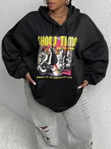 Slaydiva Plus Size Figure & Letter Graphic Drop Shoulder Drawstring Sweatshirt - Black - View 4