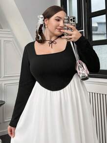 Flirla 大碼雙色方領洋裝 - 彩色 - 查看 3