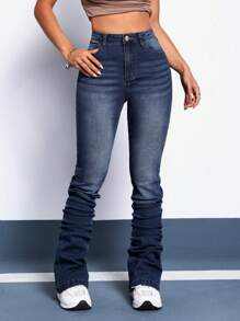 SHEIN ICON 高腰褶皺牛仔褲