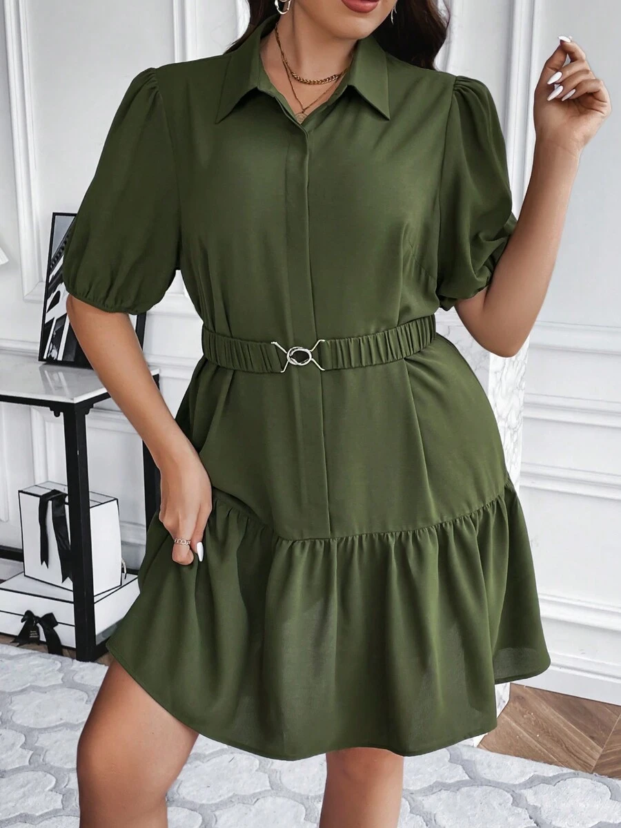 SHEIN LUNE 大碼泡泡袖荷葉邊下擺束帶襯衫洋裝