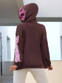 SHEIN SXY Gráfica Letra Ombro Caído Capuz Zip Up - Marrom Claro - Visão 2