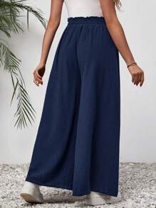 SHEIN Maternity Paperbag Waist Knot Front Wide Leg Pants - Navy Blue - View 2