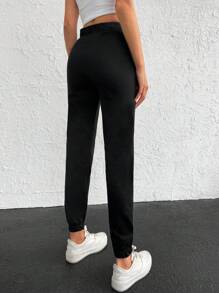 RueChic Solid Elastic Waist Slant Pocket Joggers - Black - View 2