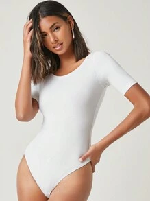 SHEIN BASICS Round Neck Solid Fitted Bodysuit - White - View 5