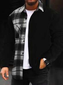 Manfinity Homme Men Plaid Patched Pocket Overcoat - Black - View 1