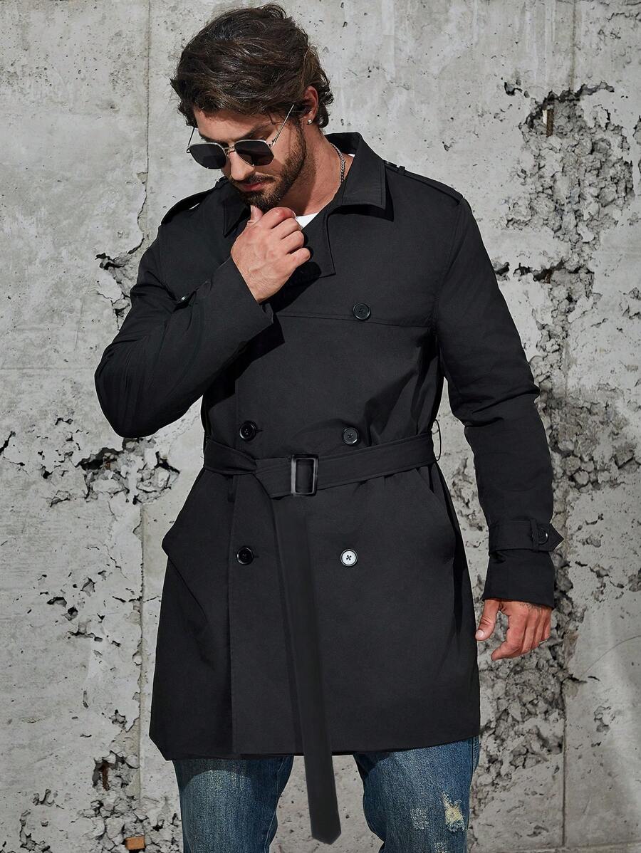 Manfinity Homme Men Plus Double Breasted Belted Trench Coat - Black - View 1
