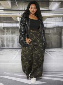 SHEIN CURVE+ Plus Solid Zip Up Drop Shoulder PU Coat - Black - View 6