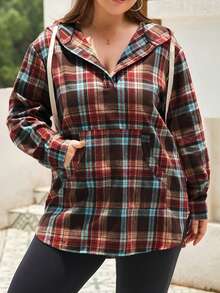 Áo nỉ cỡ lớn in họa tiết kẻ caro, cài nửa cúc và có dây rút. - Đỏ - Xem 5