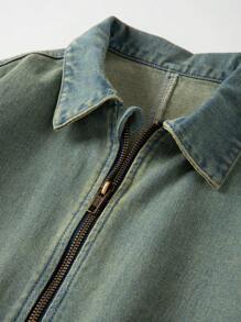 Tween Boy Contrast Collar Zipper Denim Jacket - Dark Wash - View 6