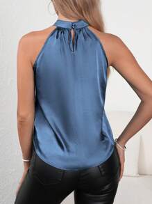 SHEIN Clasi Solid Halter Neck Satin Top - Dusty Blue - View 2