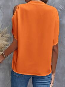 SHEIN Clasi Women's Vintage Leopard Print Casual Vacation Shirt, Summer, V-Neck Notched Collar And Shoulder Cut-Out Design Work Women Shirts Leopard Shirt, Short Sleeve Tops - Orange - View 5