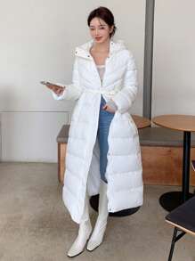 DAZY 女士休闲连帽拉链外套，带腰带，纽扣前襟，口袋，常规袖子，宽松白色纯色女式冬季外套，秋冬季保暖时尚，女士冬季外套 - 白色 - 查看 7