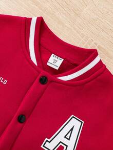 Young Boy Slogan Graphic Striped Trim Colorblock Varsity Jacket - Red - View 6