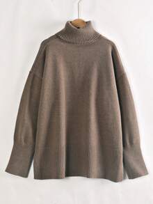 GIGOGOU 秋冬保暖女士宽松高领毛衣休闲长袖上衣秋季衣服 - 咖啡棕 - 查看 3