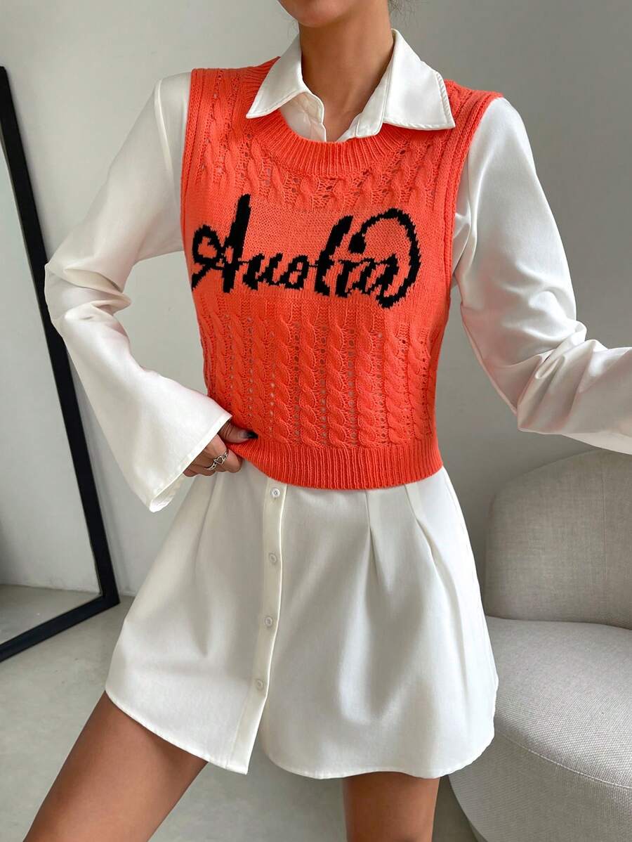 SHEIN Unity Letter Pattern Cable Knit Sweater Vest Without Blouse - Orange - View 1