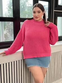 SHEIN Qutie Plus Drop Shoulder Solid Sweater - Hot Pink - View 3