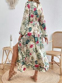 SHEIN VCAY Bản in nhiệt đới Tay áo lồng đèn Tách đùi Váy có thắt lưng - Nhiều màu - Xem 4
