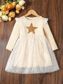 SHEIN Young Girl Sequin Star Pattern Contrast Mesh Hem Dress - Champagne - View 6