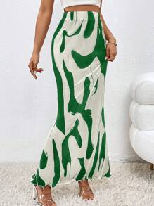 SHEIN Clasi 印花美人鱼裙摆女式半身裙 - 綠色 - 查看 3