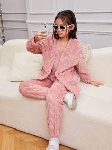 女大童開門襟法蘭絨外套和背心上衣和褲子 - 粉色 - 查看 4