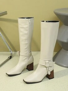 Giày bốt nữ cao gót có dây kéo bên hông thời trang thích hợp cho mùa thu, mũi vuông, bốt dài đến đầu gối thoải mái vào mùa đông - Màu be - Xem 2