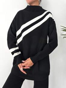 EURMUSE Striped Pattern Drop Shoulder Sweater & Knit Pants - Black and White - View 4