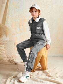 SHEIN 男大童字母貼布翻蓋口袋假兩件上衣&拼接滾邊長褲