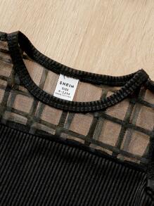 女嬰網紗拼接T恤和破洞補丁貼牛仔褲 - 黑色 - 查看 5