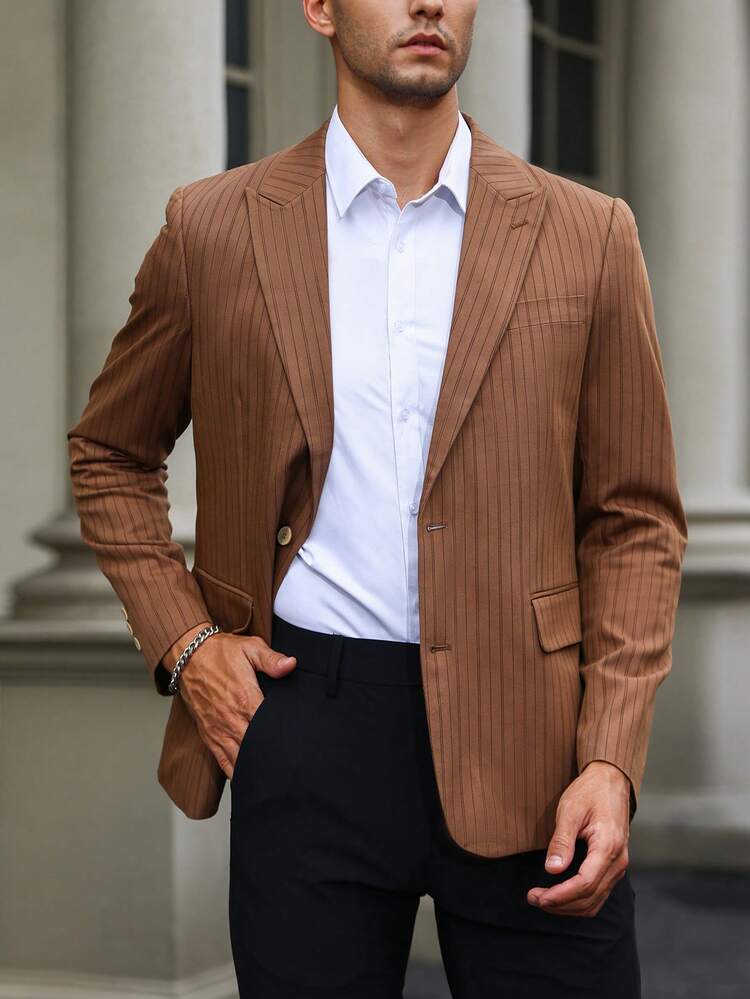 Men 1pc Vertical Striped Single Breasted Blazer