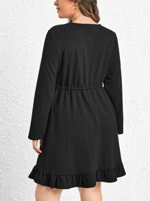 SHEIN LUNE Plus Size Solid Drawstring Waist Ruffle Hem Dress - Black - View 2