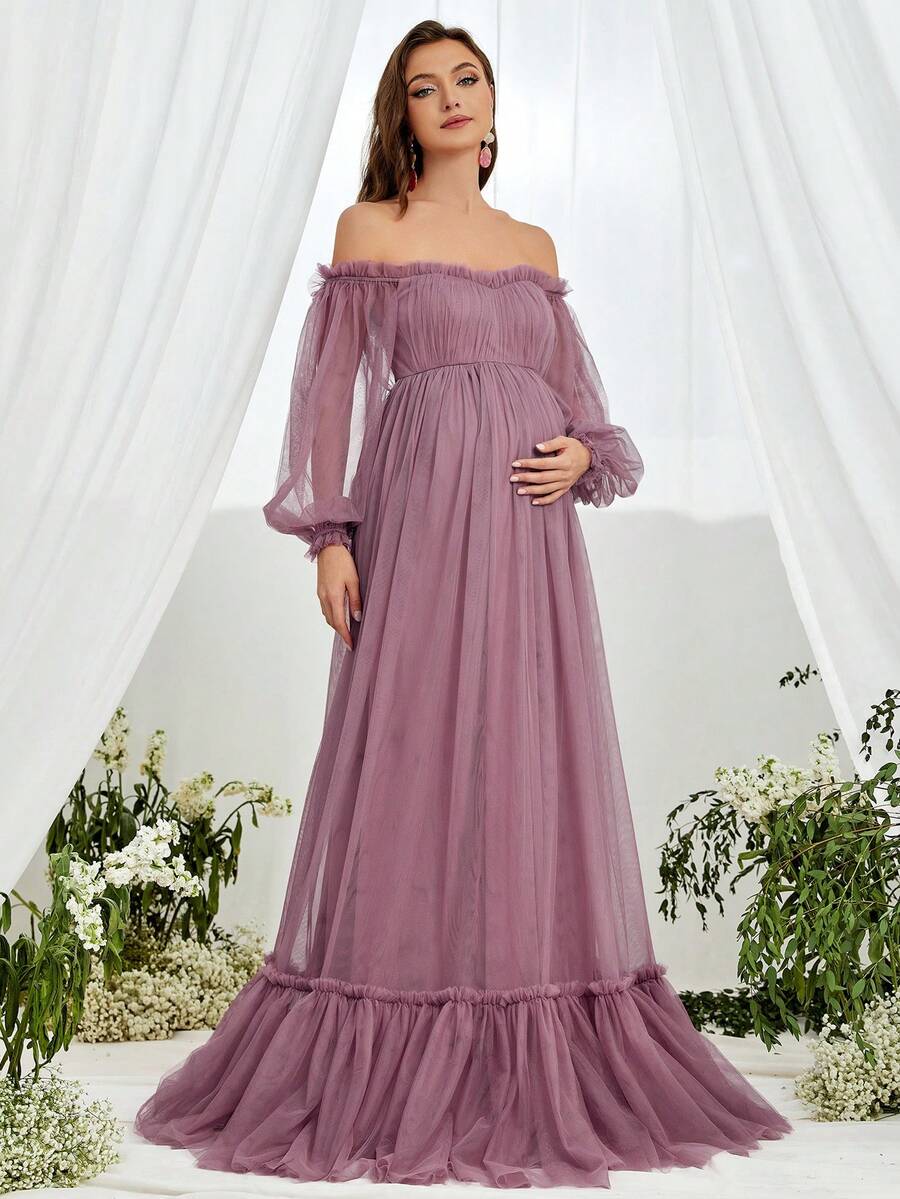 Maternity Off Shoulder Lantern Sleeve Ruffle Hem Mesh Elegant Dress, For Party - Dusty Pink - View 1