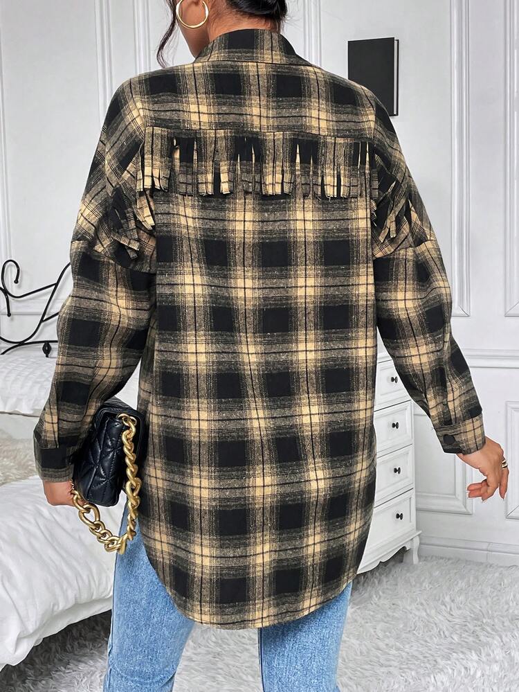 Plaid Print Drop Shoulder Curved Hem Coat Fall Cloth For Women