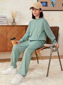 SHEIN Chico preadolescente Pantalones con capucha unicolor de hombros caídos - Verde - Ver 5