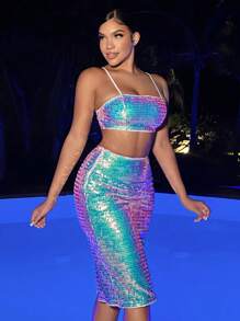 SHEIN SXY Holographic Sequin Cami Top & Pencil Skirt - Multicolor - View 5