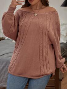 SHEIN LUNE Plus Off Shoulder Cable Knit Sweater - Camel - View 7