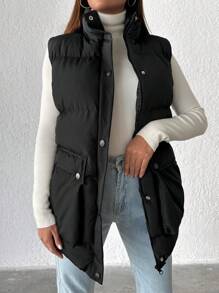 EURMUSE Abrigo tipo chaleco acolchado con bolsillo con solapa - Negro - Ver 1