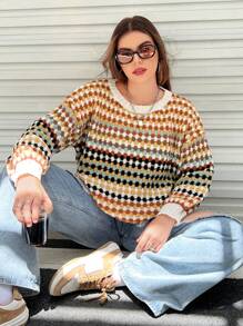 Flirla 加码菱格纹落肩毛衣，适合冬季针织套头衫和秋季毛衣 - 彩色 - 查看 7