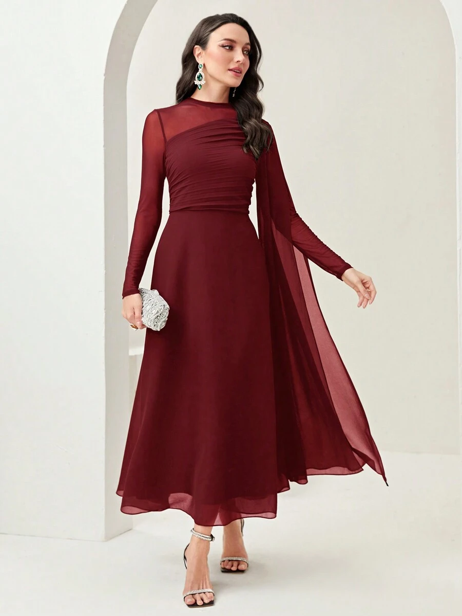 Modelyn 勃艮第红色撞色网眼褶皱连衣裙，带袖连衣裙，长款晚礼服 - 酒紅色 - 查看 1