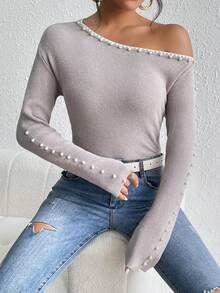 SHEIN Privé 珍珠串珠不對稱領套頭毛衣 - 灰色 - 查看 5