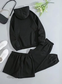 SHEIN EZwear 拉鏈開襟抽繩加絨內裏連帽衫和運動褲和短褲 - 黑色 - 查看 2