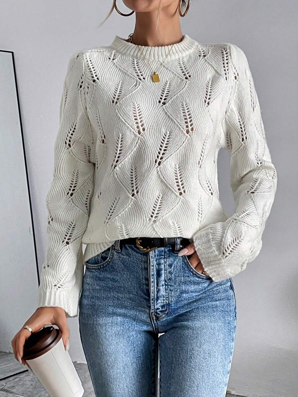 Solid Pointelle Knit Raglan Sleeve Sweater