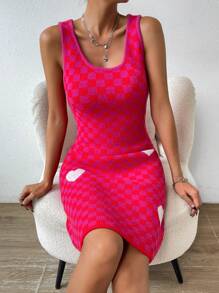 SHEIN LUNE Tank Strickkleid mit Karo & Herz Muster, - Pink - Übersicht 3