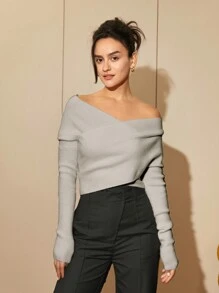 女式露肩长袖毛衣，性感露背上衣，春夏 - 灰色 - 查看 1