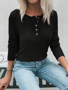 SHEIN LUNE Chất rắn Placket nửa nút Dệt kim Waffle Áo thun - màu đen - Xem 6