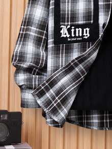 SHEIN Tween Boy Plaid & Letter Graphic Pocket Patched Shirt Without Tee - Multicolor - View 5