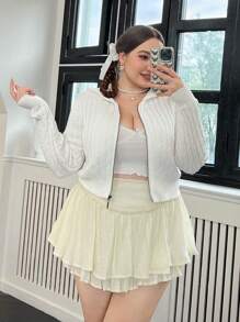 SHEIN Qutie Plus Zip Up Cable Knit Cardigan - White - View 5