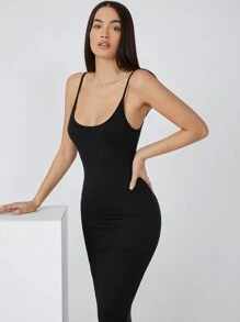 SHEIN BASICS Solid Cami Bodycon Casual Dinner Dating Dress/Summer - Black - View 4