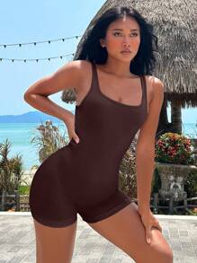 Easithlete Solid Ribbed Knit Sports Romper - Coffee Brown - View 1
