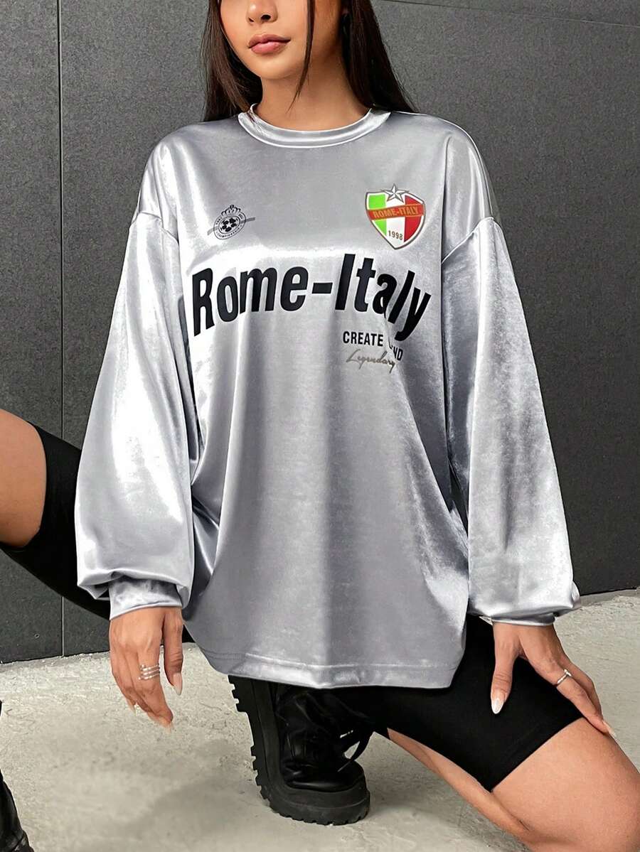 SHEIN EZwear Letter Graphic Drop Shoulder Tee - Silver - View 1