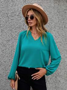 SHEIN LUNE Notched Neckline Lantern Sleeve Blouse - Green - View 2